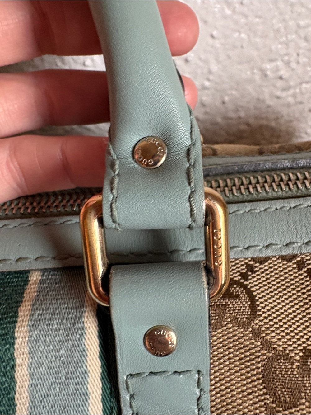 Gucci GG Canvas Boston Bag with Blue Green Stripes - Authentic Vintage COA - Picture 5 of 16